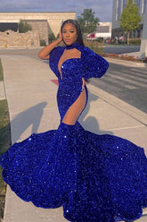 Vestidos de fiesta de sirena con cuello alto, mangas largas y encaje hasta el suelo, color azul real brillante